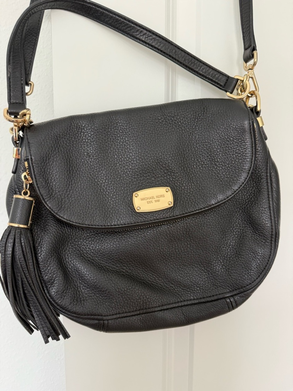 Michael Kors Black Leather Crossbody with Gold Plaque and Tassel - Picture 2 of 8